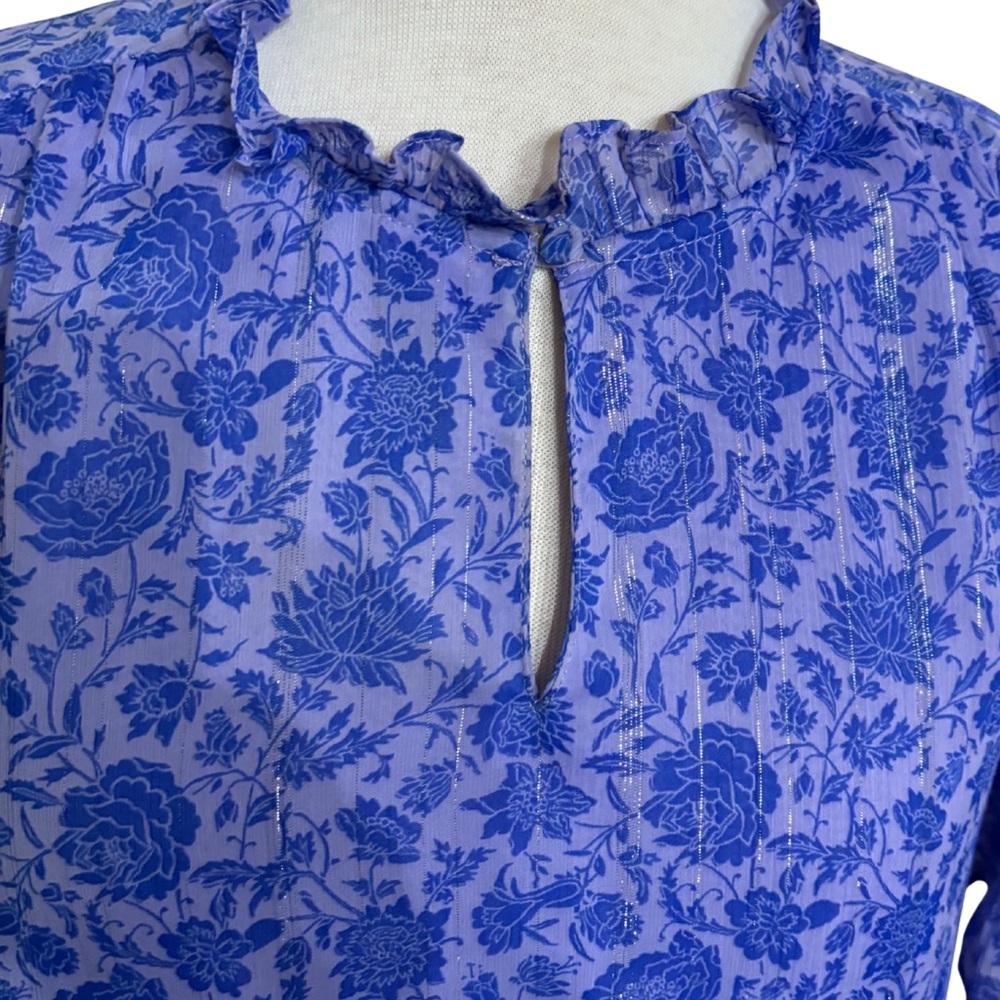 💙 J.Crew Puff-Sleeve Crinkle Chiffon Top – Rose Vines | Size S - Picture 5 of 8